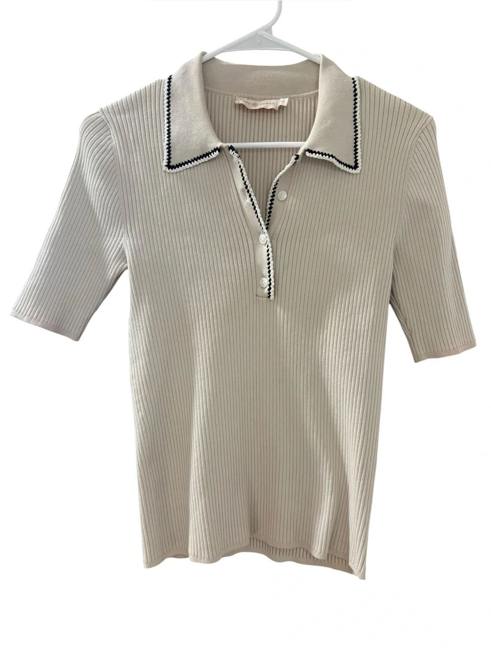 Tory Burch Women's Mila Ribbed Knit Cream & Black Contrasting Trim Collar Sz S/P